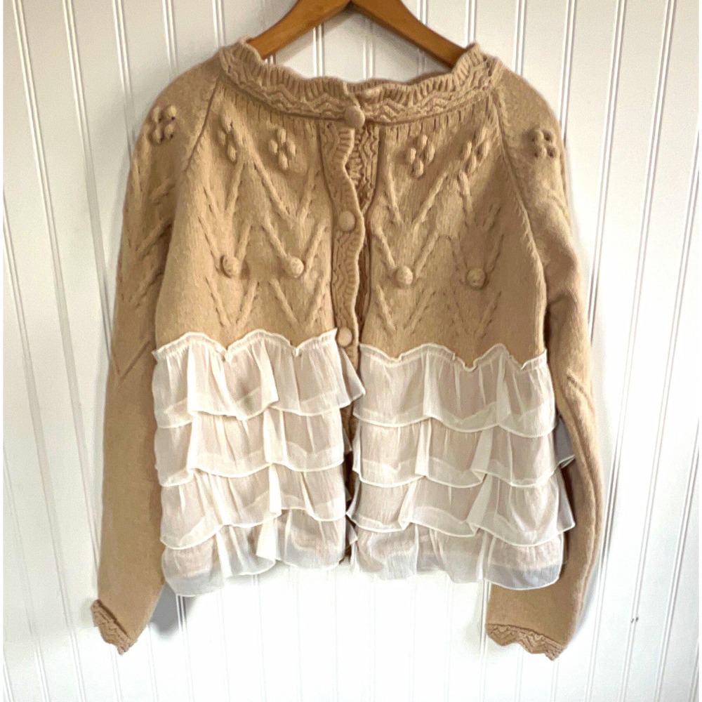 LUONING Womens M Beige White Knit Button-Front Ruffle Trim Round Neck Cardigan